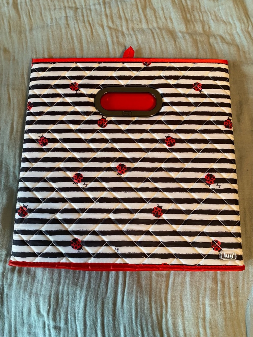 Lug Quilted Storage Bin- Black & White Stripe with Red Ladybug Accents